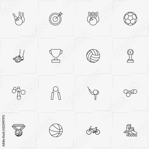 Sport line icon set with soccer ball, dumbbell and hand expander