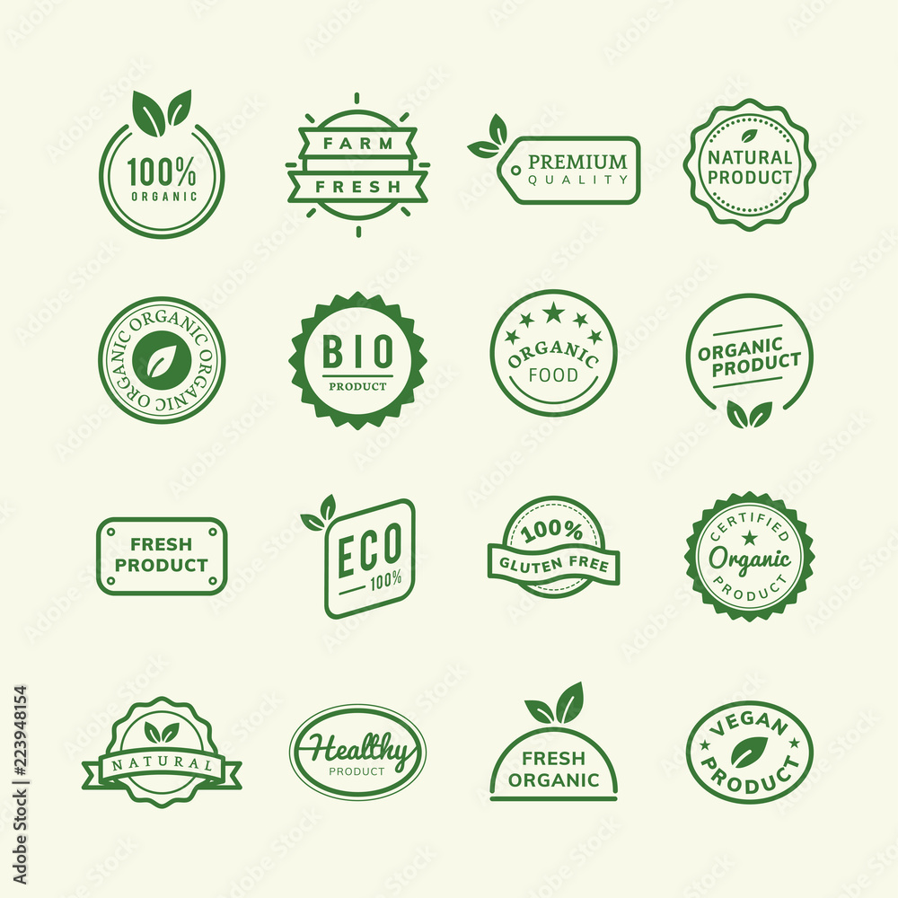 Organic product stamp emblems set illustration - obrazy, fototapety, plakaty 