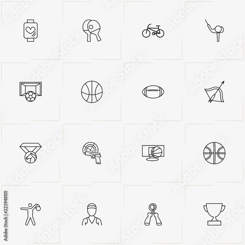 Sport line icon set with basketball player, medal and heart rate monitor