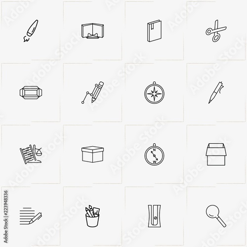 Stationery line icon set with magnifier, brush and pencil sharpener