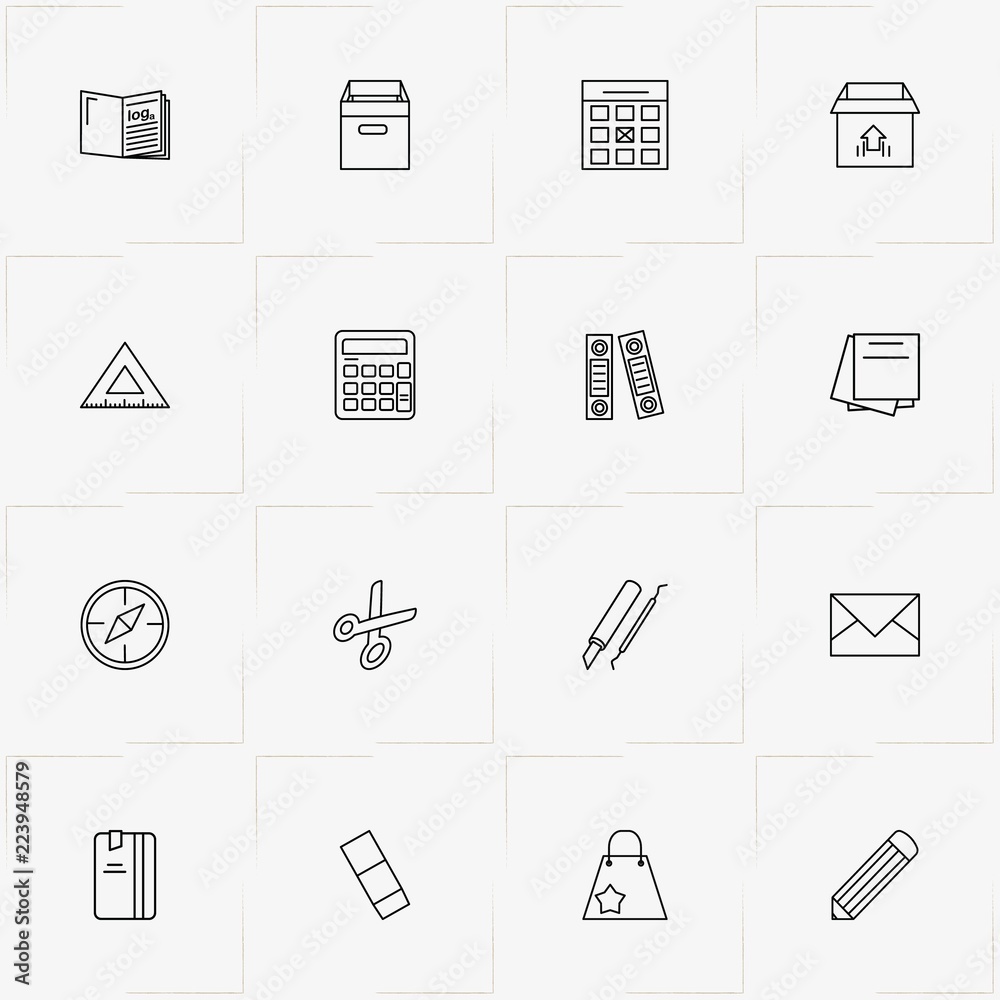 Stationery line icon set with folders, book and compass Stationery line icon set with folders, book and compass
