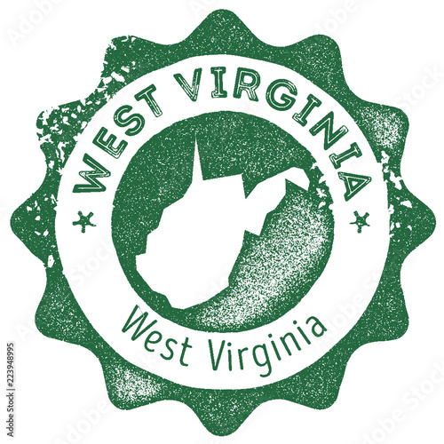 West Virginia map vintage stamp. Retro style handmade label, badge or element for travel souvenirs. Dark green rubber stamp with US state map silhouette. Vector illustration.