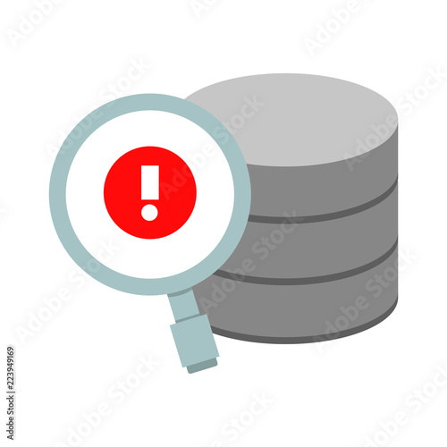 database and magnifier glass with warning sign