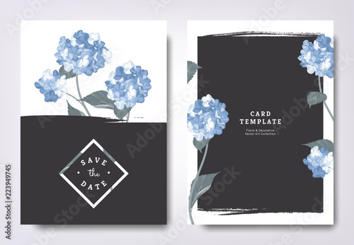 Fototapeta Naklejka Na Ścianę i Meble -  Botanical wedding invitation card template design, blue hydrangea flowers and leaves with black grunge frame, minimalist vintage style