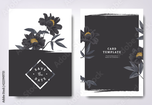 Fototapeta Naklejka Na Ścianę i Meble -  Botanical wedding invitation card template design, black paenia lactiflora flowers and leaves with black grunge frame, minimalist vintage style