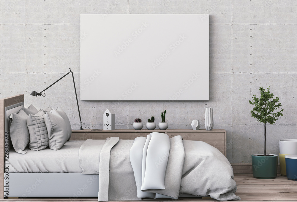 Fototapeta Mockup blank poster 3D rendering of interior bed room