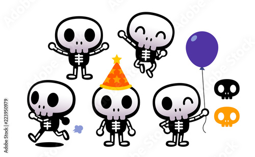 Vector set of cute skeleton costume characters for Halloween party. 