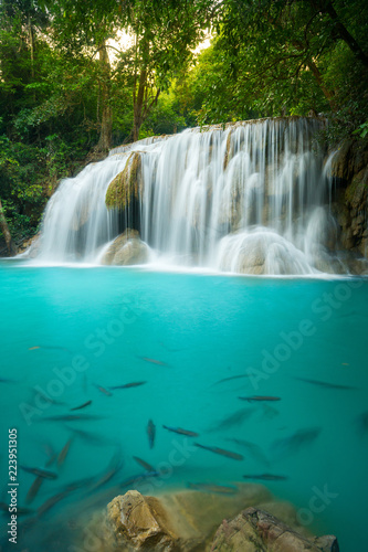 Fototapeta Naklejka Na Ścianę i Meble -  Erawan Waterfall in Thailand is locate in Kanchanaburi Provience. This waterfall is in Erawan national park