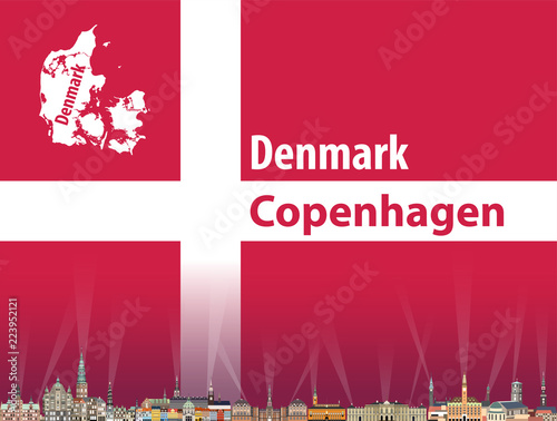 Copenhagen city skyline with flag and map of Denmark on background vector illustration photo