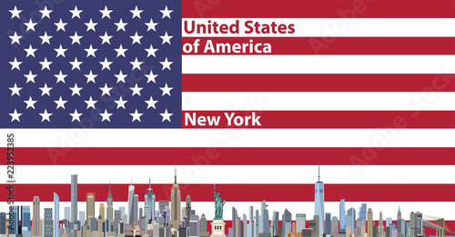 New York city skyline with flag of United States of America on background. Vector illustration
