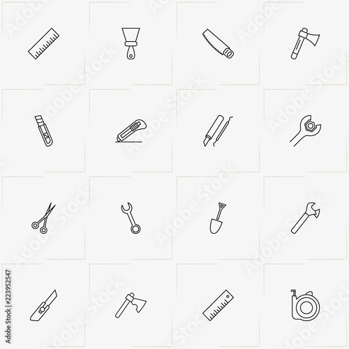 Tools line icon set with putty knife, shovel and ruler