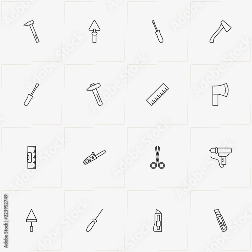 Tools line icon set with kneading shovel , scissor and drill