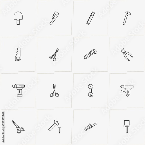 Tools line icon set with hammer, scissor and nippers