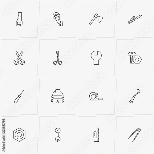 Tools line icon set with construction helmet, bolt and nut and female screw