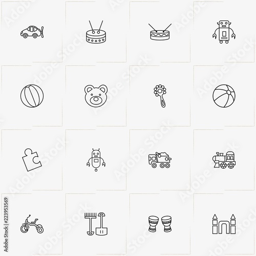 Toys line icon set with puzzle, car toy  and baby beanbag