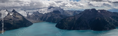 Beautiful panoramic landscape view of Garibaldi Lake vibrant sunny summer day. Taken from top of Panorama Ridge, located near Whister and Squamish, North of Vancouver, BC, Canada.