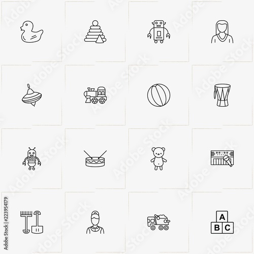 Toys line icon set with robot, whirligig and train toy