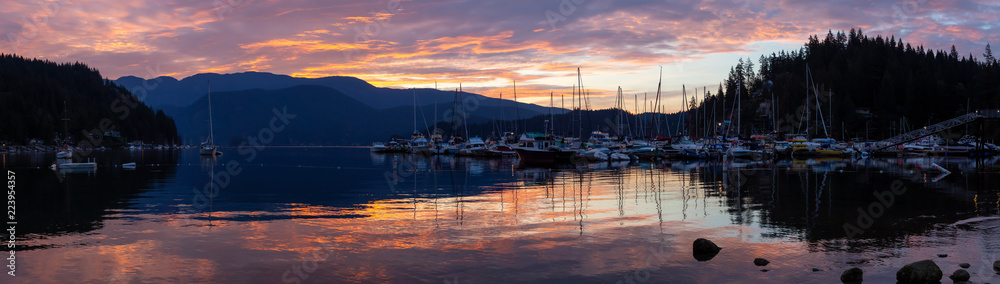 Beautiful panoramic view of Deep Cove during a colorful summer sunrise. Taken in North Vancouver, BC, Canada.