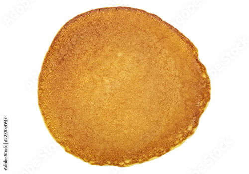 One plain pancake on a white background