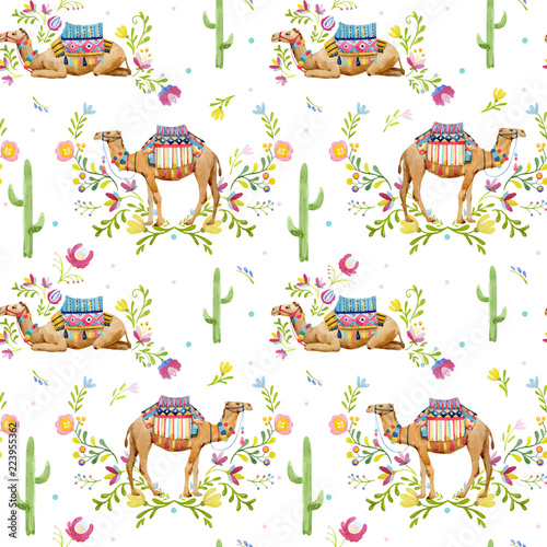 Watercolor camel vector pattern
