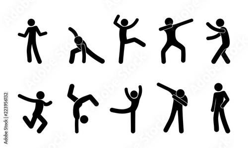 set of dancing man, stick figure human, icons people dance, dancers having fun