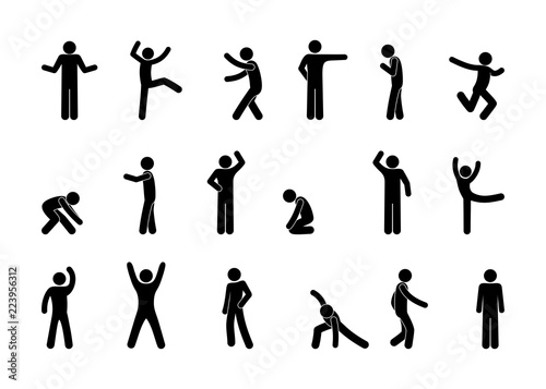 set of man icons, various poses and movements, silhouette figure stick, human pictograph