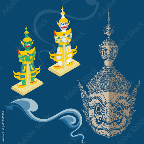 Fototapeta vector ramayana mask and figure,thai style,cut out and isolated,asian culture