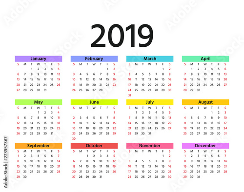 2019 Calendar. Vector. Week starts Sunday in minimal simple style. Stationery 2019 year horizontal template. Yearly calendar organizer for weeks.