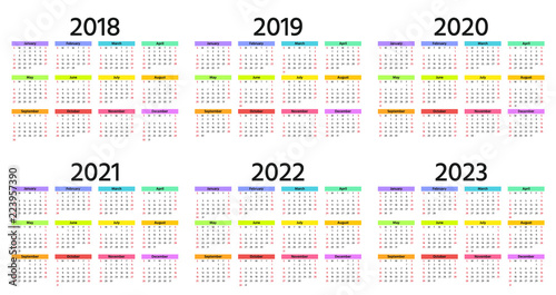 Calendar 2018, 2019, 2020, 2021, 2022, 2023 year. Week starts Sunday. Vector. Stationery 2019 horizontal template in simple minimal design. Yearly calendar organizer for weeks. Landscape orientation