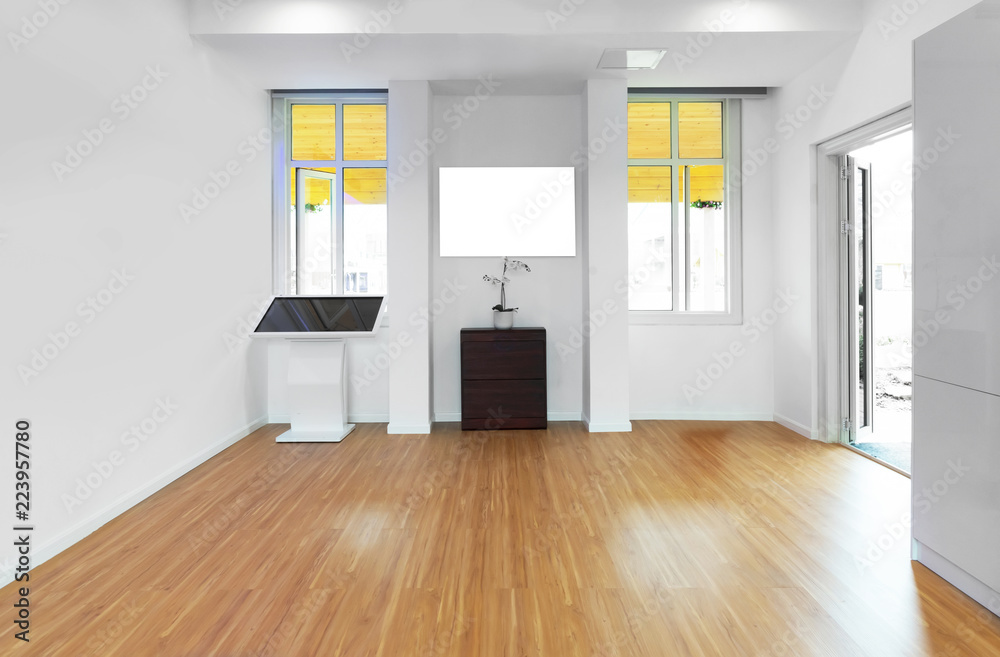 Fototapeta premium Intelligent apartment, empty room with white tiled floor
