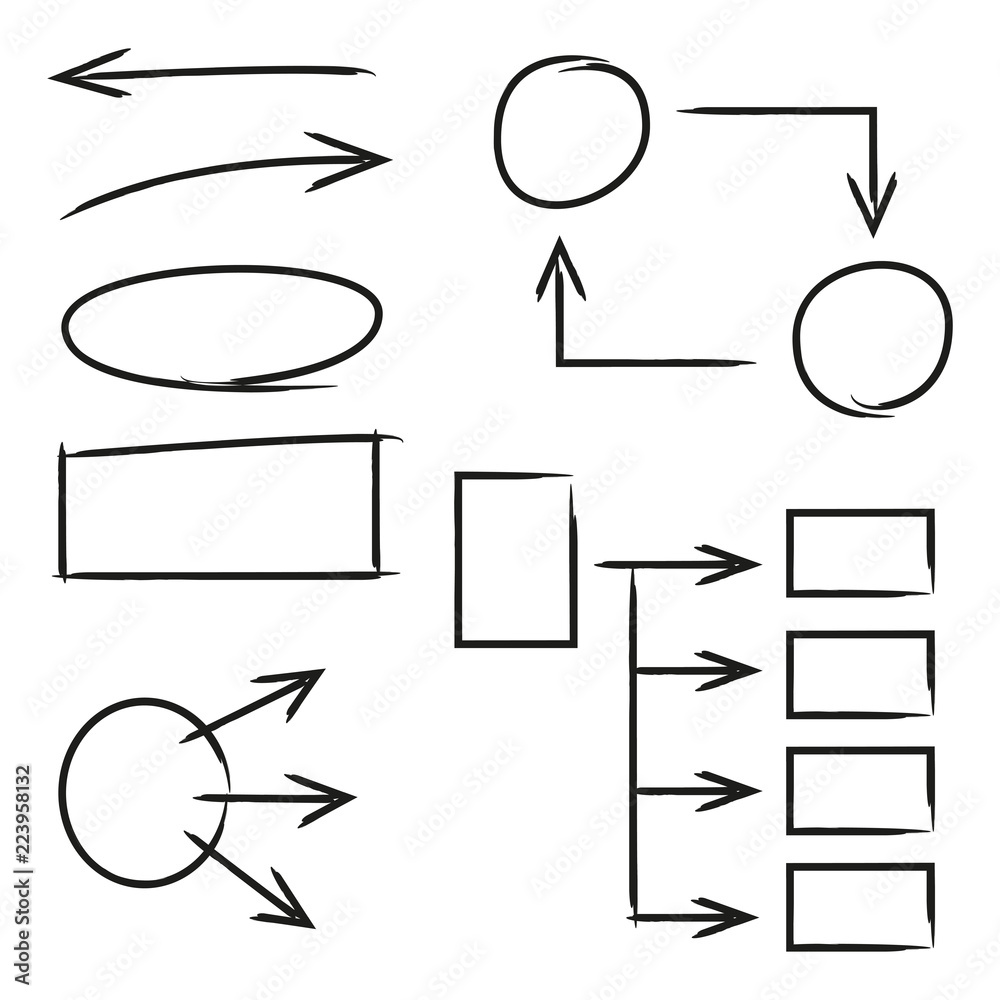 hand drawn arrows, circle and rectangle for flowchart diagram Stock ...