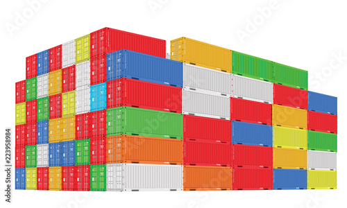 Stack of colorful cargo containers with perspective view. Different colors. Vector illustration.