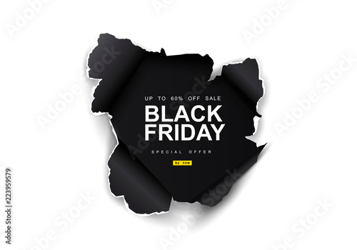 Black Friday sale background. Hole in black paper on white background. Big Sale, black friday, creative template.