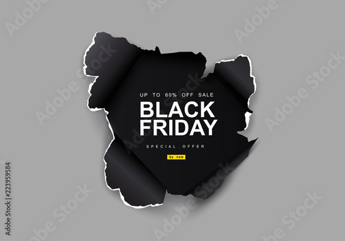 Black Friday sale background. Hole in black paper on gray background. Big Sale, black friday, creative template.