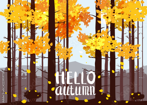 Hello Autumn, forest, mountains, silhouettes of pine trees, firs, panorama, horizon, lettering, vector, illustration, isolated