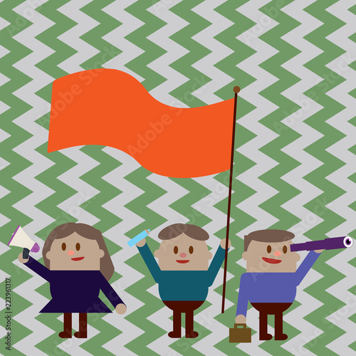 Flat design business Vector Illustration Empty copy space for Ad website promotion esp isolated Banner template. People Raise Up their Arms Holding a Megaphone Flag Monocular Telescope