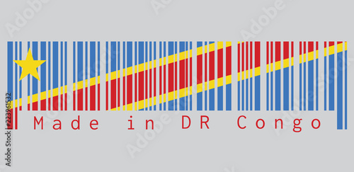 Barcode set the color of Dr Congo flag, Sky blue field with diagonally red and yellow stripe and star. text: Made in Dr Congo. concept of sale or business.