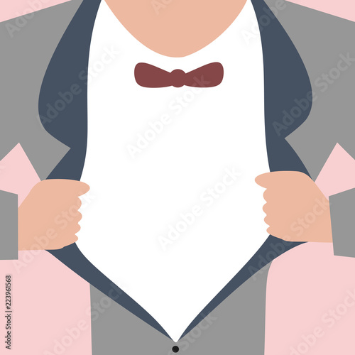 Flat design business Vector Illustration creative concept template copy space text for Ad website promotion esp isolated. Man wearing Formal Suit Opening Half of his Tuxedo Jacket Coat wider
