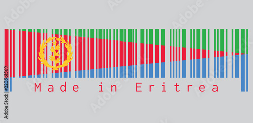 Barcode set the color of Eritrea flag, red triangle on blue and green triangle with olive branch on gold color. text: Made in Eritrea. concept of sale or business.