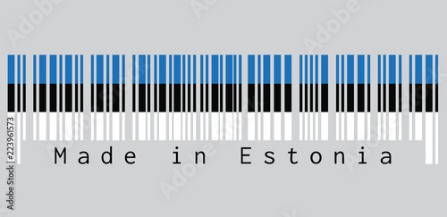 Barcode set the color of Estonia flag, a horizontal triband of blue, black and white. text: Made in Estonia. concept of sale or business.