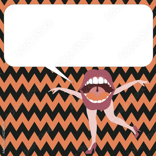 Flat design business Vector Illustration Empty copy space for Ad website promotion esp isolated Banner template. Open Mouth with arms and legs Singing Dancing Blank white Speech Bubble