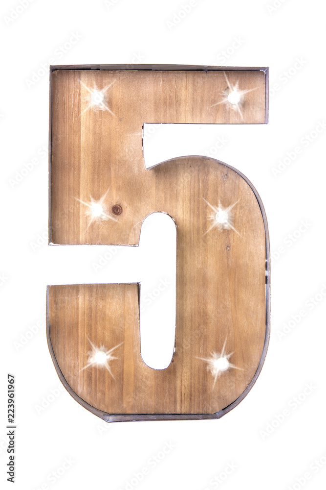 Handmade Tin and Wooden Number Five Sign with lights on a white background Handmade Tin and Wooden Number Five Sign with lights on a white background