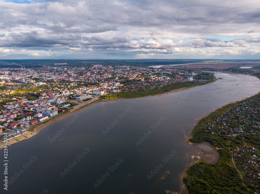 Tomsk cityscape Siberia, Russia. Tom river. Drone aerial top view.