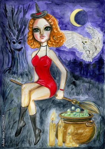 beautiful red haired witch sitting on broom near the kettle with green potion
