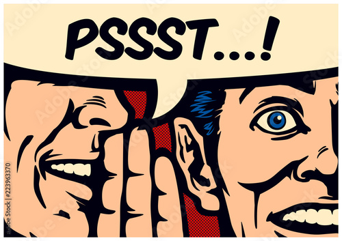 Panel komiksu w stylu pop-art plotki człowiek szeptem sekret lub wiadomości do ucha zaskoczona osoba z dymek, plotki, ilustracji wektorowych koncepcja usta