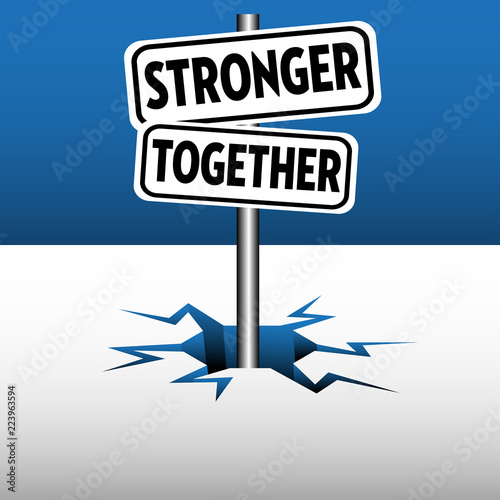 Colorful illustration with two plates with the text stronger together coming out from an ice crack