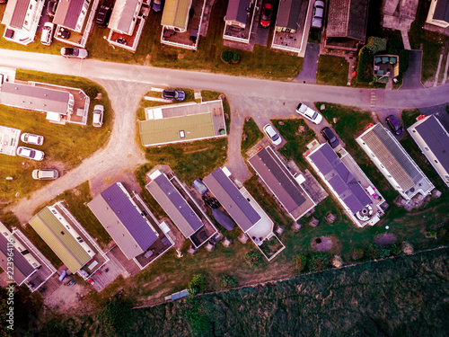 Sun set at a Caravan and camping park, static home aerial view. Porthmadog holiday park taken from the air by a drone