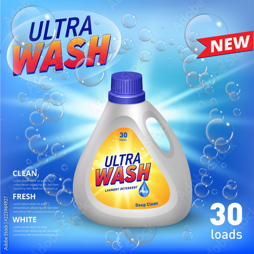 Realistic plastic cleaner container Advertising poster. Liquid detergent with soap bubbles and swirl on blue background. Cleaner for bathroom and toilet. 3d Vector illustration