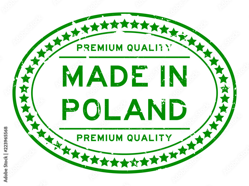 Grunge green premiumq quality made in Poland oval rubber seal business stamp on white background