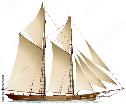 Schooner sailing vessel, a traditional gaff-rigged schooner with two mast and fore-and-aft rigged gaff sails realistic vector illustration   photo